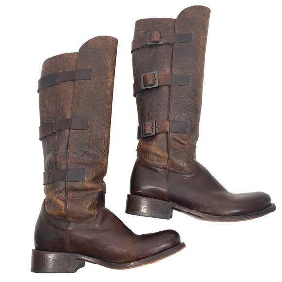 J.B. Dillion tooled Leather tall riding boots buckle shaft steampunk women’s 7 - Picture 9 of 14